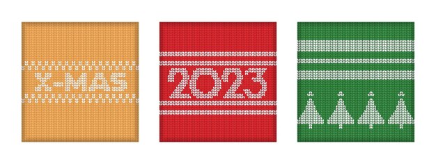 Conjunto minimalista de póster de Año Nuevo de punto X mas y 2023 texto Árbol de Navidad sobre fondo verde Patrón de Navidad sin costuras Ilustración vectorial