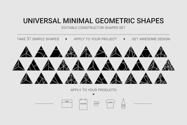 Conjunto mínimo de formas de diseñador gráfico. Puede editar fácilmente detalles, pintar, desagrupar y cambiar figuras, crear su propio diseño de logotipo, ropa, interior, decoración, etc.