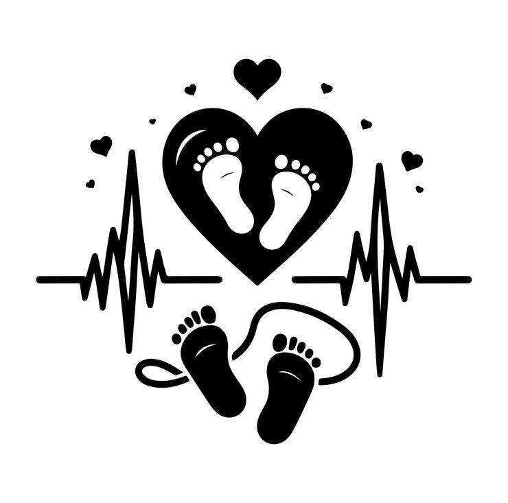 Vector conjunto mínimo de pulso cardíaco con vector de silueta del corazón y los pies del bebé