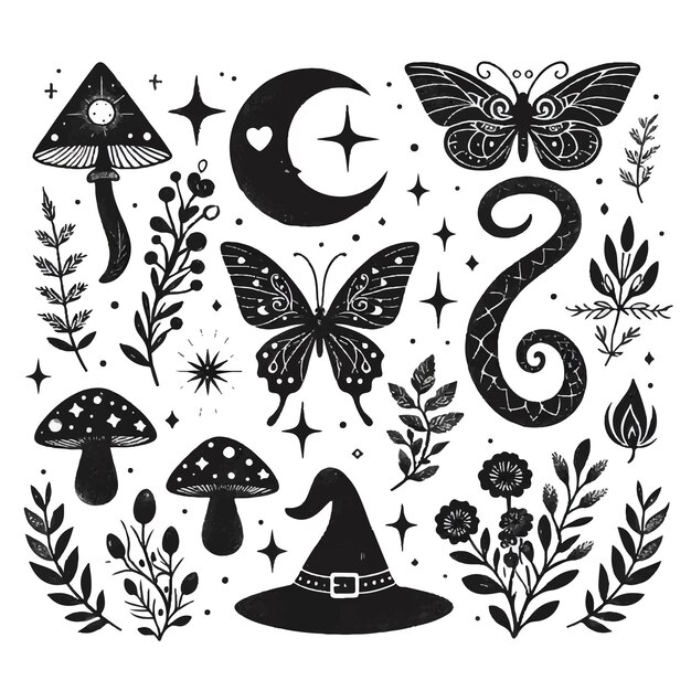 Vector conjunto místico con negro s blanco magic muchrooms sombrero de bruja flores de luna mariposas serpiente