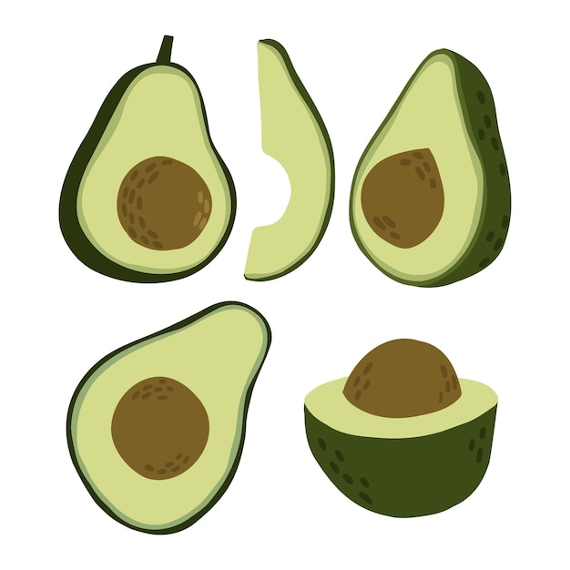 Un conjunto de mitades de aguacate de diferentes formas en una ilustración vectorial dibujada a mano de estilo plano aislada en fondo blanco