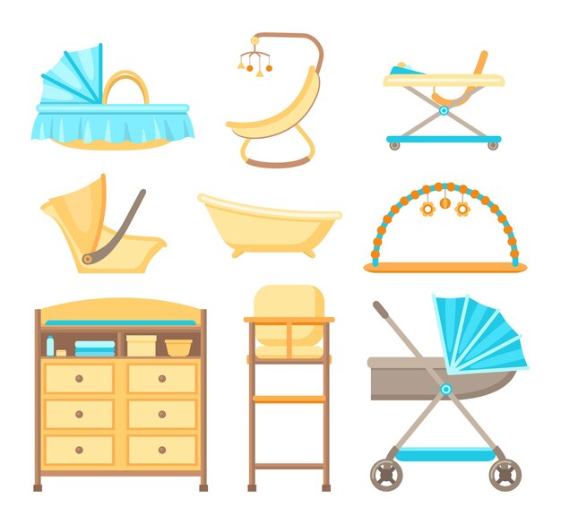 Conjunto de mobiliario y equipamiento para bebés. Aislado sobre fondo blanco.