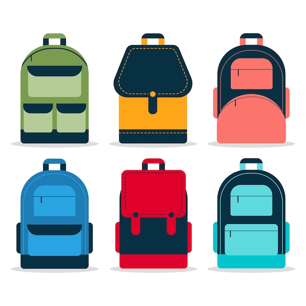 Conjunto de mochila o mochila escolar de diferentes formas y colores ilustración vectorial en estilo plano