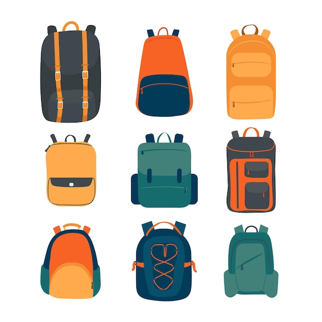 Conjunto de mochilas coloridas de viaje o informales para niños, adultos, estudiantes y viajeros