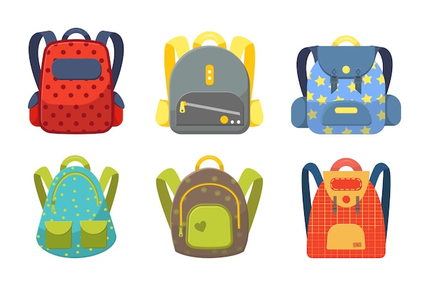 Conjunto de mochilas escolares de colores para niños. Vector.