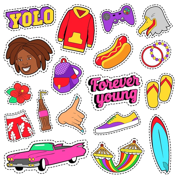 Conjunto de moda para adolescentes con coche rosa, comida rápida y ropa colorida para pegatinas, insignias. vector, garabato