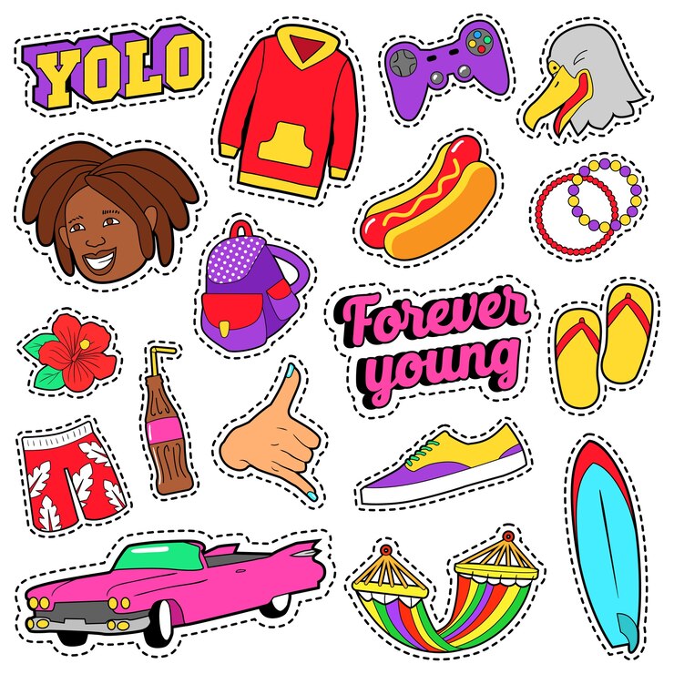 Vector conjunto de moda para adolescentes con coche rosa, comida rápida y ropa colorida para pegatinas, insignias. vector, garabato