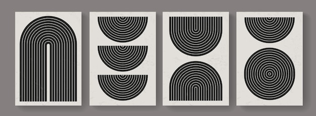 Conjunto de moda de carteles modernos geométricos minimalistas de mediados de siglo. Fondos abstractos de estilo boho. Lindos carteles mínimos de arte contemporáneo colorido.