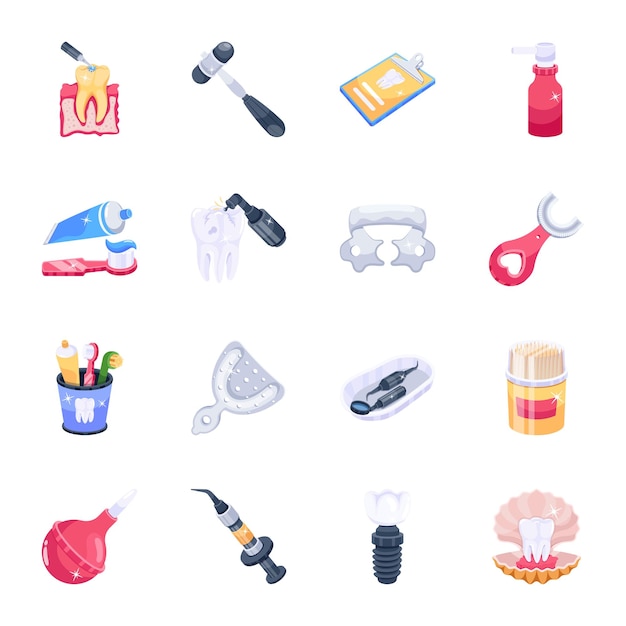 Conjunto de moda de iconos 2D de odontología