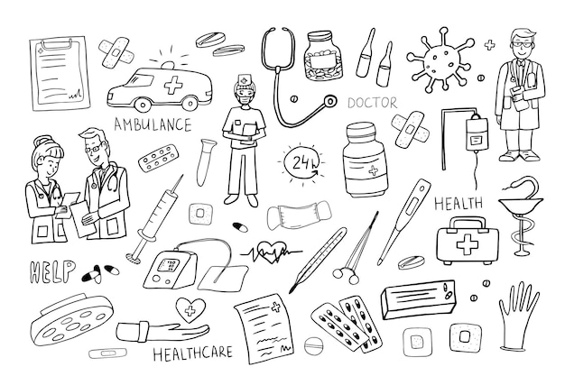 Conjunto de moda de ilustración vectorial de atención médica y medicina Estilo Doodle dibujado a mano