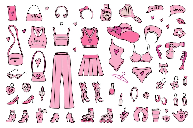Conjunto de moda rosa muñeca rosa accesorios estéticos cosméticos y ropa ilustración vectorial