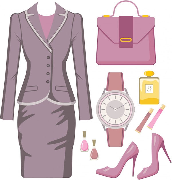 Vector conjunto de moda de traje femenino, accesorios y cosméticos.