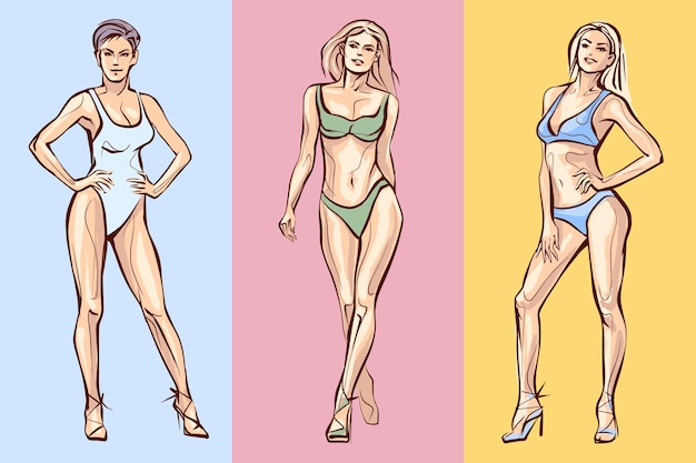 Conjunto de modelos de moda dibujados a mano en traje de baño