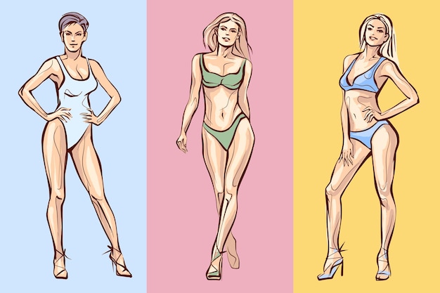 Vector conjunto de modelos de moda dibujados a mano en traje de baño