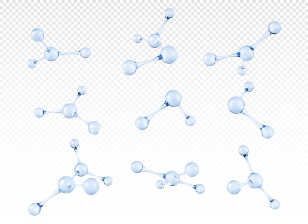 Conjunto de modelos de moléculas o átomos de vidrio transparente estructuras moleculares abstractas en 3d vector 3d