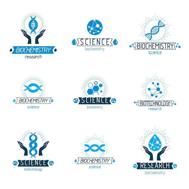 Conjunto de modelos vectoriales de moléculas y ADN humano. Colección de logotipos corporativos creados en ingeniería biomédica, genética, genética molecular y conceptos de biotecnología.