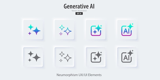 Conjunto de Modern AI Generar botón Generar ideas a partir de aprendizaje automático Botón generativo en estilo neuromórfico de moda para aplicaciones sitios web e interfaces UI elementos UX Ilustración vectorial