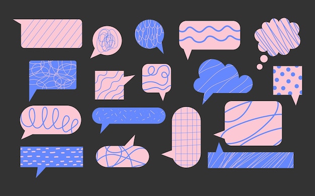 Conjunto de modernas burbujas de habla minimalistas Íconos de diseño de nube de chat de diálogo en color azul rosa