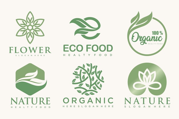 Conjunto de modernas plantillas e iconos de logotipos de productos naturales y orgánicos