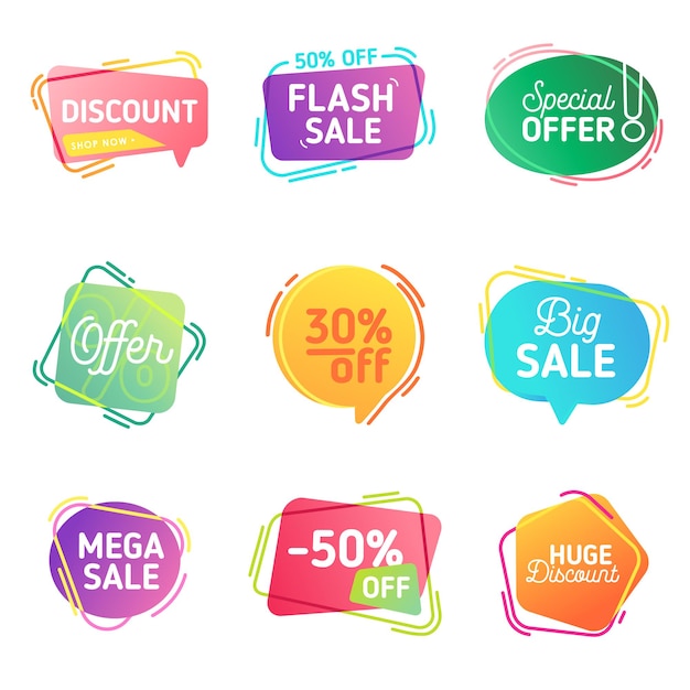 Conjunto moderno de banners de venta abstractos. Burbujas dinámicas de plantilla de vector de oferta especial flash, descuento para diseño web, folleto, impresión, volante