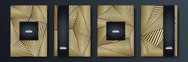 Conjunto moderno de diseño de cubierta de rayas negras. patrón de línea diagonal dinámica de oro creativo de lujo. fondo de vector premium formal para folleto comercial, cartel, cuaderno, plantilla de menú