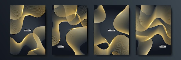 Conjunto moderno de diseño de cubierta de rayas negras. Patrón de línea diagonal dinámica de oro creativo de lujo. Fondo de vector premium formal para folleto comercial, cartel, cuaderno, plantilla de menú