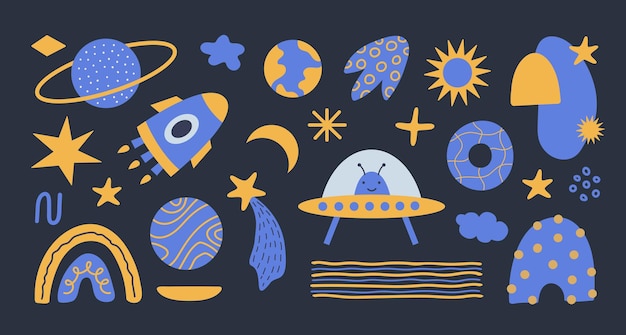 Conjunto moderno con elementos cósmicos, objetos de doodle y formas de línea Ilustración de vector dibujado a mano
