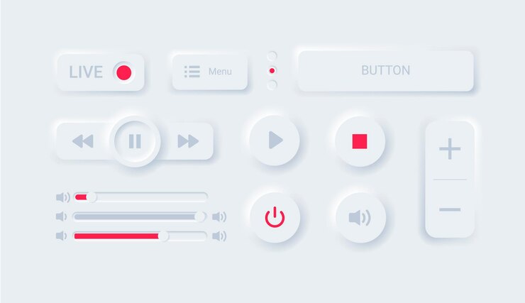 Vector conjunto moderno de elementos de interfaz de reproductor multimedia estilo neomórfico