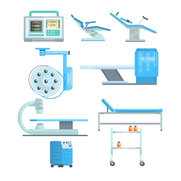 Vector conjunto moderno de equipos médicos y de examen de ilustraciones vectoriales