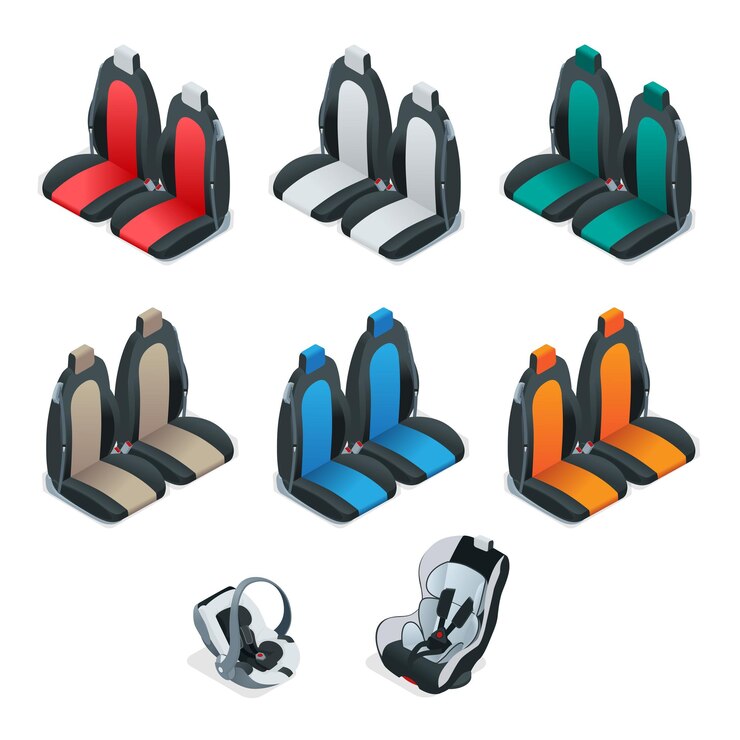 Vector conjunto moderno de iconos de asientos de coche. colección automotriz editable. ilustración plana 3d isométrica vectorial. silla de coche de seguridad para bebés y niños