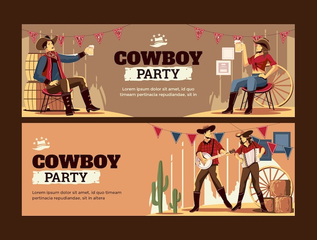 Conjunto moderno de pancartas horizontales para fiestas de vaqueros
