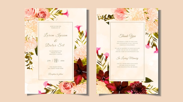 Conjunto, de, moderno, tarjeta, plantilla, flores, floral, boda, invitaciones, ornamento, invitar