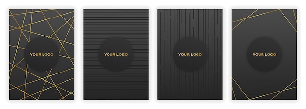Conjunto de modernos diseños de portada negra de lujo patrón de línea creativa en colores negro y dorado concepto de