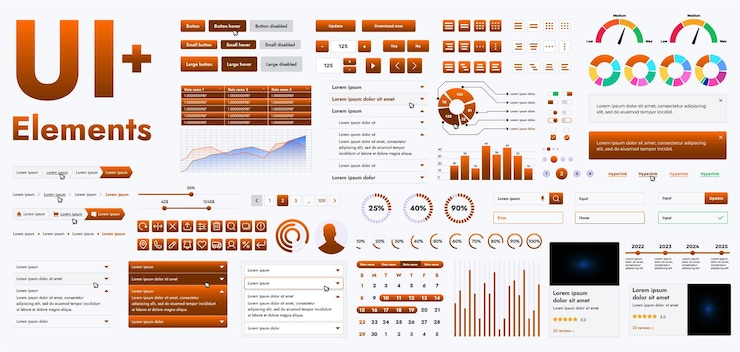 Vector un conjunto de modernos elementos de interfaz web naranja diseñados para el desarrollo y diseño de sitios web