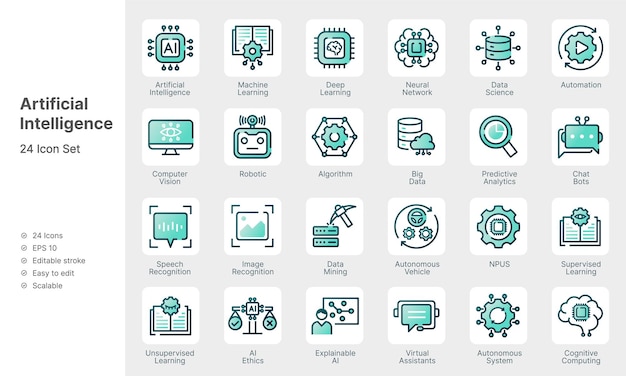 Conjunto de modernos íconos de líneas vectoriales de inteligencia artificial