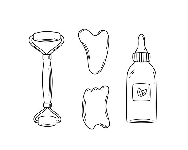 Un conjunto de modernos raspadores de gua sha hechos de piedra natural y masajeador de rodillos de aceite cosmético para el cuidado facial Concepto de cuidado de la piel de ilustración vectorial