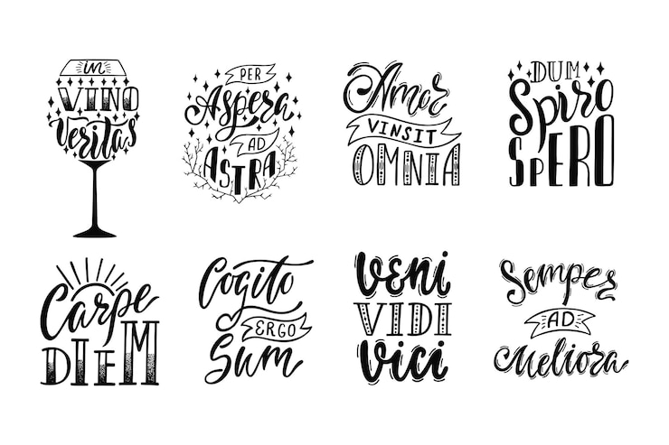 Vector conjunto de modismos latinos escritos a mano.