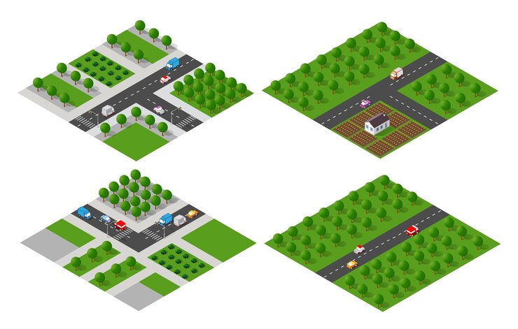 Vector conjunto de módulos isométricos para la construcción y construcción del área urbana de la infraestructura de la ciudad con calles de transporte, casas y árboles.