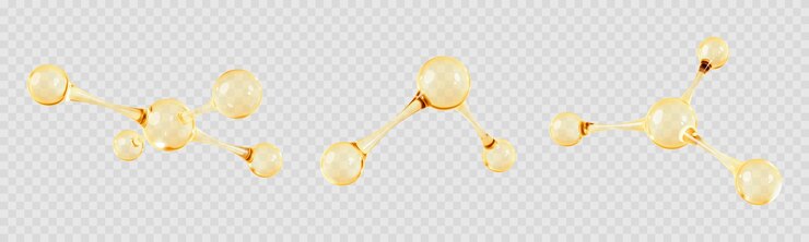 Vector conjunto de moléculas de aceite de oro 3d estructuras moleculares abstractas aisladas en un fondo transparente ciencia de la belleza cuidado de la piel concepto molecular ilustración 3d vectorial