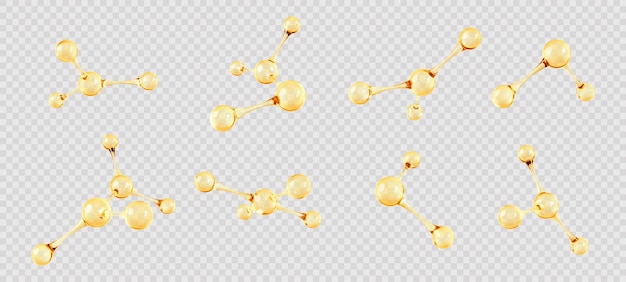 Conjunto de moléculas de petróleo de oro o átomos de estructuras moleculares abstractas en 3D