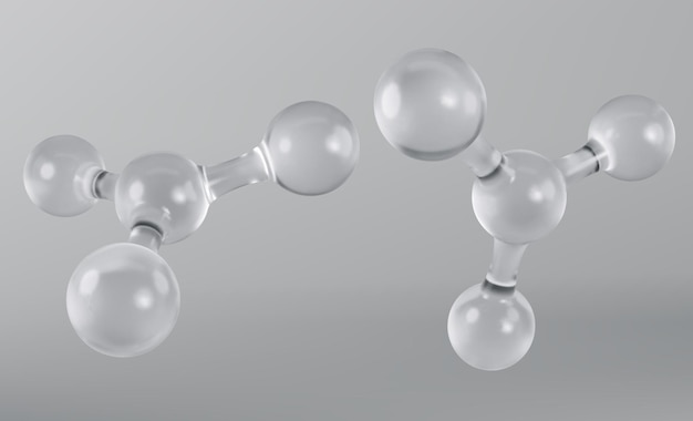 Conjunto de moléculas de vidrio transparente modelo d estructuras moleculares abstractas aisladas en fondo gris