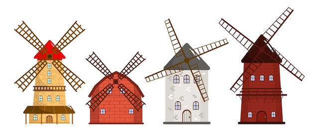 Conjunto de molinos coloridos en estilo de dibujos animados Ilustración vectorial de antiguos molinos de piedra para hacer harina o electricidad sobre fondo blanco