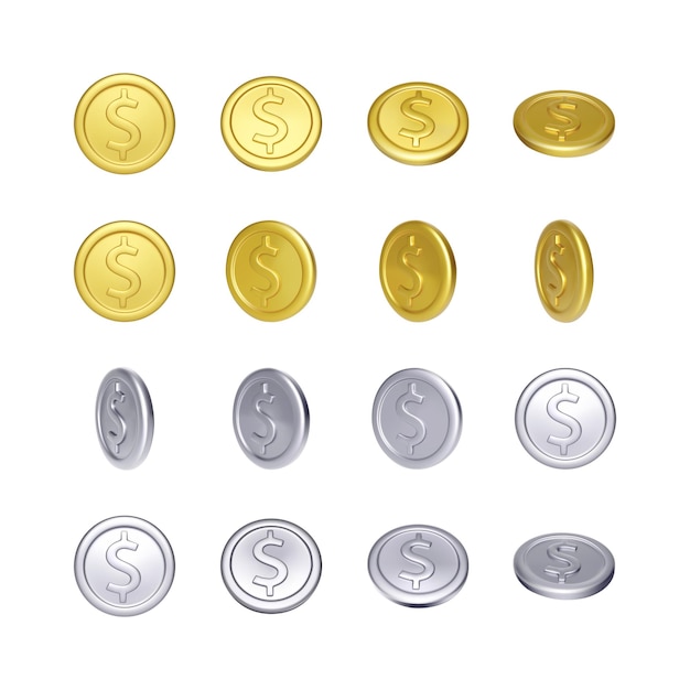 Vector conjunto de moneda de oro y plata con símbolo de dólar. dinero metálico de rotación. ilustración vectorial