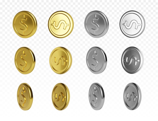 Conjunto de moneda de oro y plata con símbolo de dólar. Render de dinero metálico de rotación. Ilustración vectorial