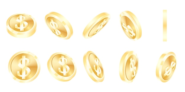Conjunto de monedas de dólar de oro 3D en movimiento Gráficos vectoriales