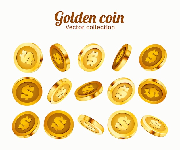 Conjunto de monedas de oro aislado 3d. posiciones diferentes.