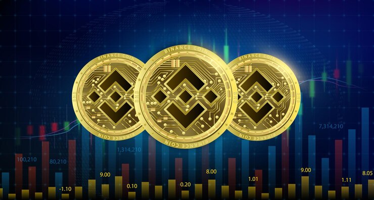 Vector conjunto de monedas de oro binance bnb con gráfico de participación de crecimiento es el fondo blockchain de criptomonedas