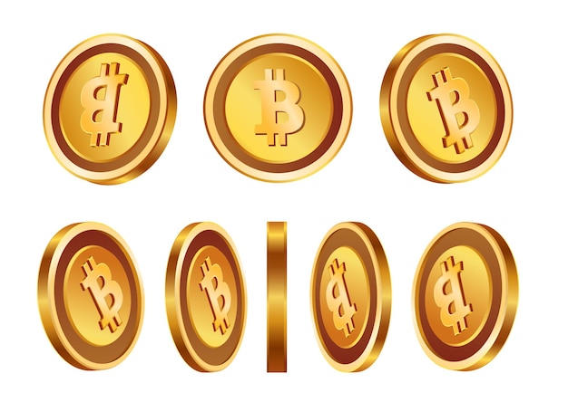 Conjunto de monedas de oro de bitcoin mostradas desde múltiples ángulos y perspectivas en un fondo blanco para el diseño de criptomonedas