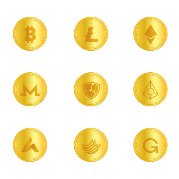 Vector conjunto de monedas de oro de criptomoneda.