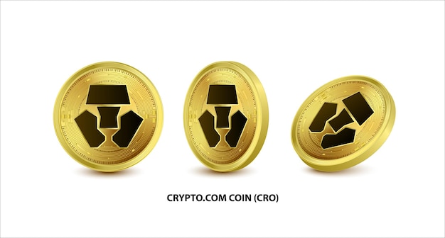 Conjunto de monedas de oro cryptocom cro moneda digital criptomoneda aislada sobre fondo blanco.